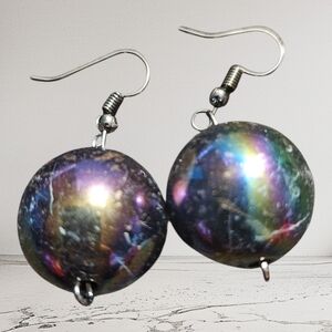 Handmade Black Iridescent Bubblegum Earrings, Kids & Womens Dangle Jewelry